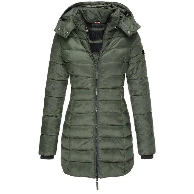 Womens long puffer jacket with hood and zipper closure