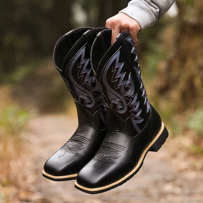 Men’s Cowboy Boots – Leather Wide Toe – High Top Embroidered Western Style