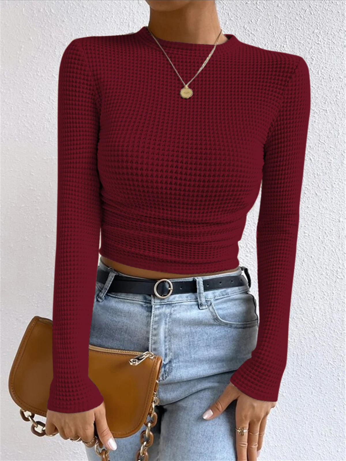 Women’s Cropped Sweatshirt – Slim Fit – Waffle Knit – Long Sleeve – High Neck
