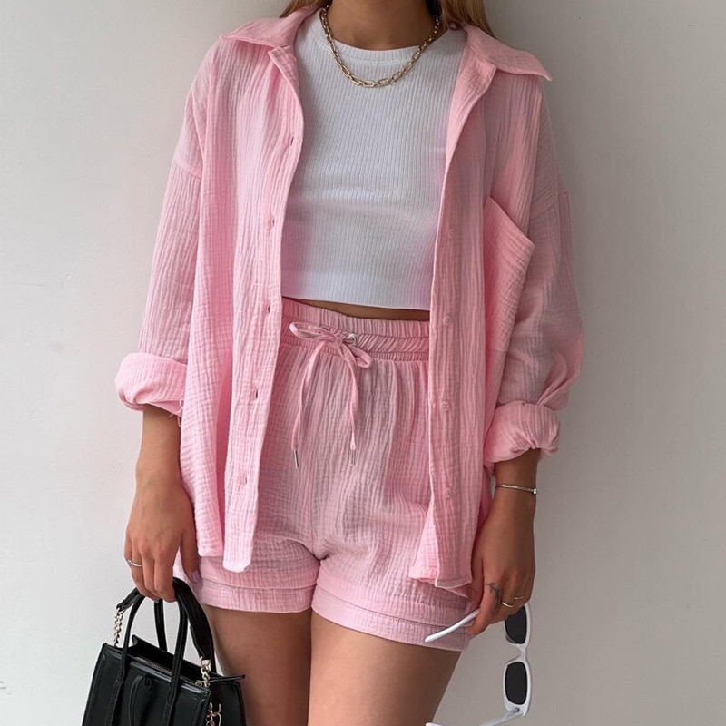 Women's Co-Ord Set - Oversized Button-Up Shirt & Drawstring Shorts - Relaxed Fit