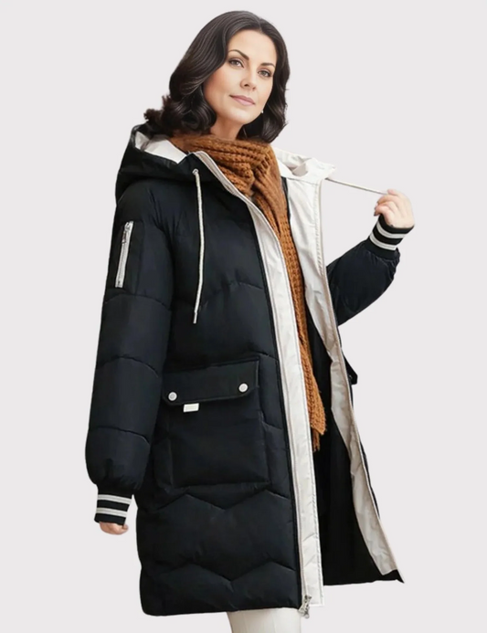 Women’s Quilted Jacket – Tailored Fit – Knee Length – Hooded – Ribbed Cuffs – Zip Front