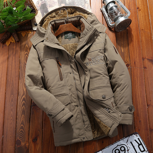 Men’s Coat – Loose Fit – Mid-Thigh Length – Thick Plush Lining – Hooded – Multi Pocket