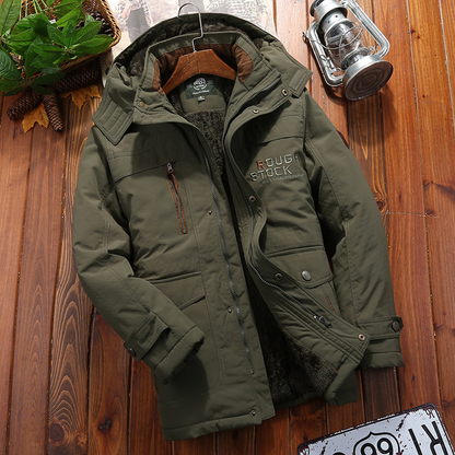 Men’s Coat – Loose Fit – Mid-Thigh Length – Thick Plush Lining – Hooded – Multi Pocket