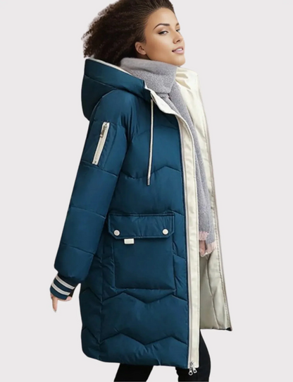 Women’s Quilted Jacket – Tailored Fit – Knee Length – Hooded – Ribbed Cuffs – Zip Front
