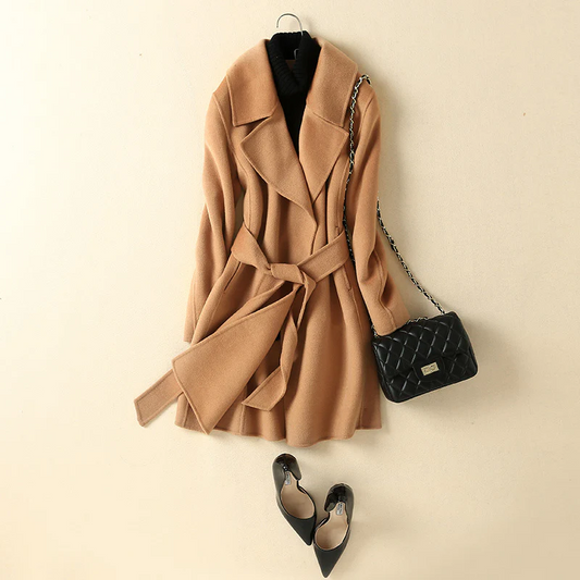 Women’s Wool Coat – Tailored Fit – Wrap Front – Self-Tie Belt – Knee Length