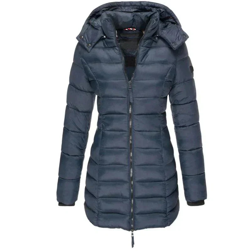 Womens long puffer jacket with hood and zipper closure