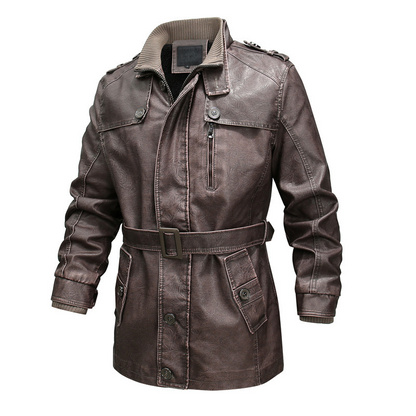 Men’s Trench Coat – Regular Fit – Washed Leather Look – Belted – Plush Lined – Zip Closure