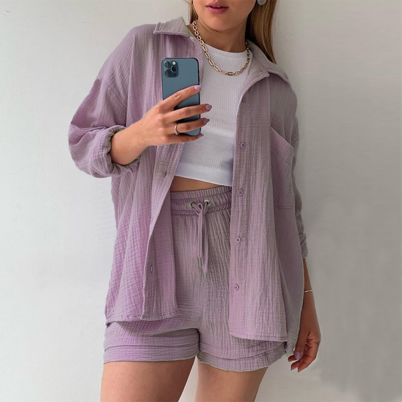 Women's Co-Ord Set - Oversized Button-Up Shirt & Drawstring Shorts - Relaxed Fit