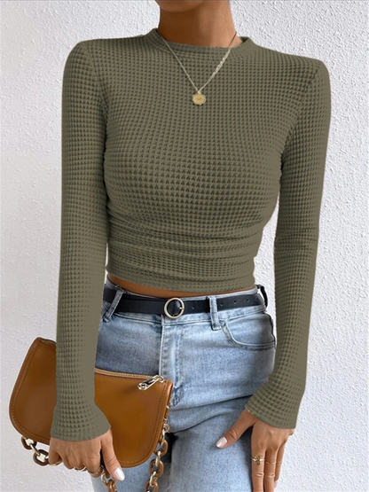 Women’s Cropped Sweatshirt – Slim Fit – Waffle Knit – Long Sleeve – High Neck