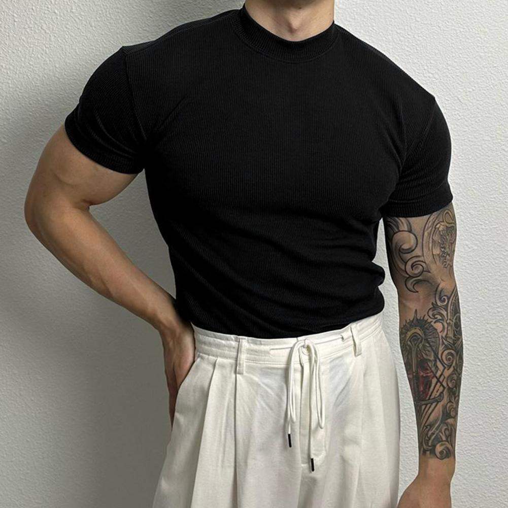 Men’s Fitted Ribbed Knit Top - Short Sleeve - Mock Neck - Breathable Stretch Fabric