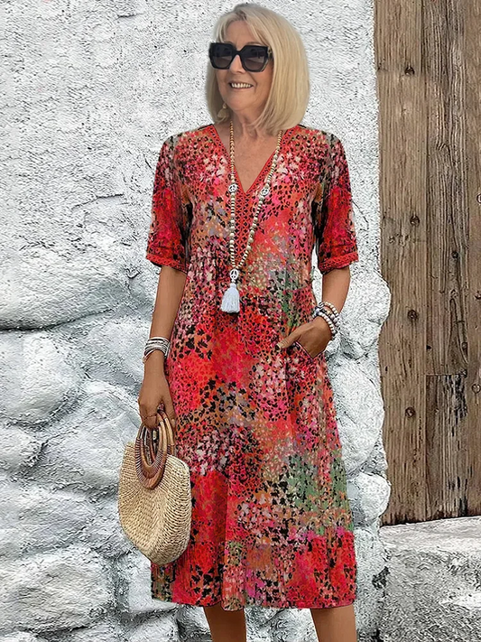 Women’s Midi Dress – Relaxed Fit – V-Neck – Elbow Sleeve – Breathable Blend – Casual Style