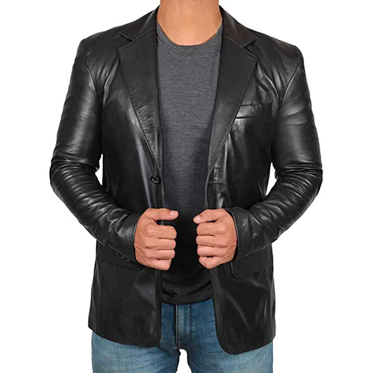 Men’s Leather Blazer – Tailored Fit – Single Button – Notched Lapel – Hip Length