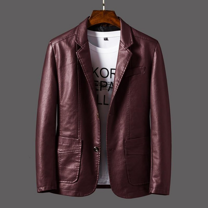 Men’s Leather Blazer – Tailored Fit – Single Button – Notched Lapel – Hip Length