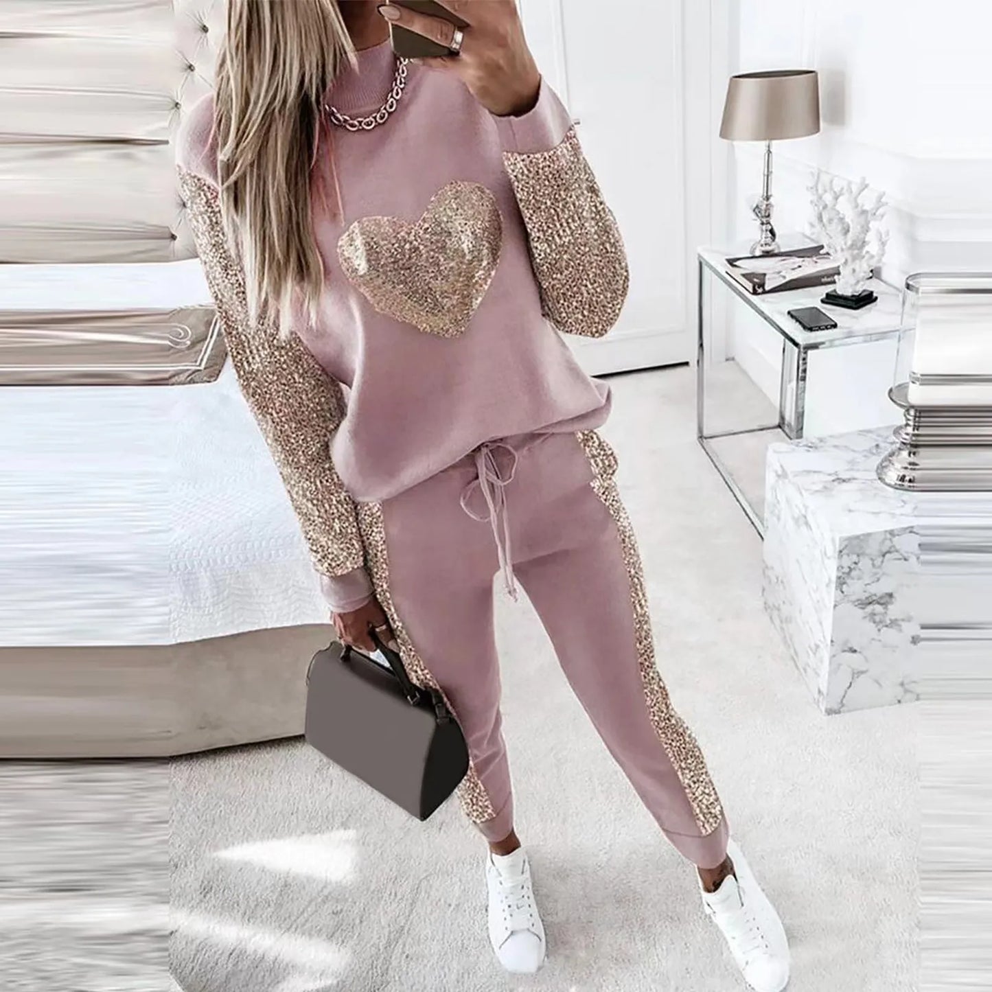 Women's Loungewear Set - Soft Velour - Sequin Embellished Sweatshirt & Joggers