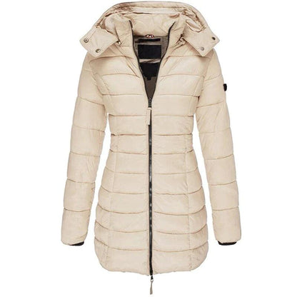 Womens long puffer jacket with hood and zipper closure