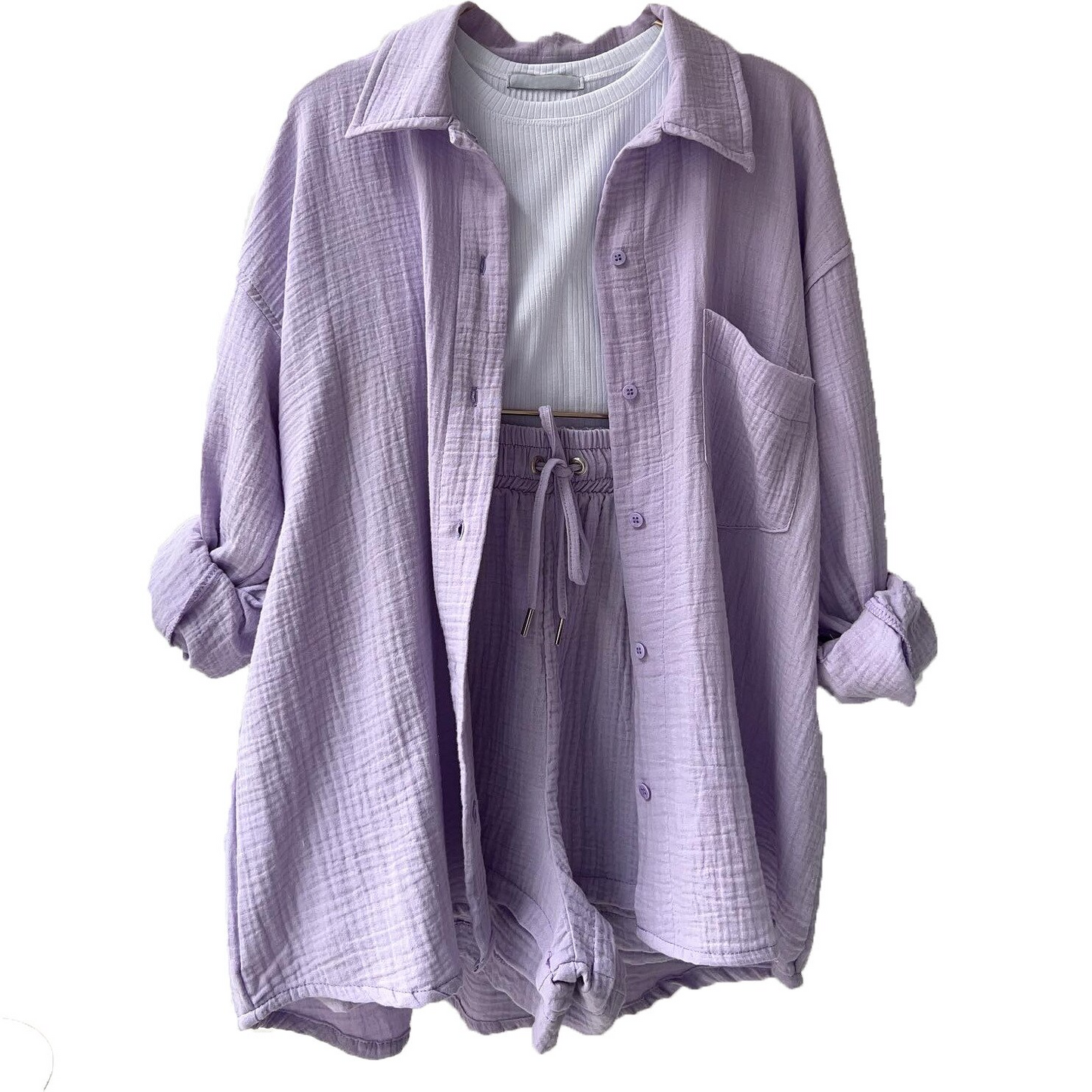 Women's Co-Ord Set - Oversized Button-Up Shirt & Drawstring Shorts - Relaxed Fit
