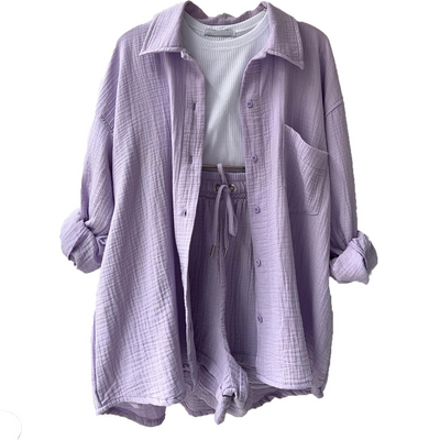 Women's Co-Ord Set - Oversized Button-Up Shirt & Drawstring Shorts - Relaxed Fit