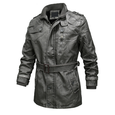 Men’s Trench Coat – Regular Fit – Washed Leather Look – Belted – Plush Lined – Zip Closure