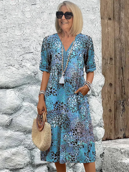 Women’s Midi Dress – Relaxed Fit – V-Neck – Elbow Sleeve – Breathable Blend – Casual Style