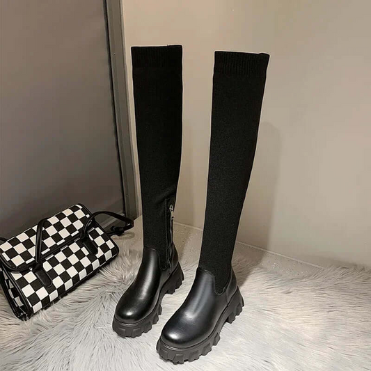 Women’s Over-the-Knee Boots – Slim Fit – Stretch Upper – Chunky Sole – Zip Fastening