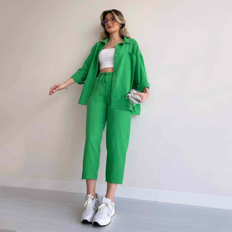 Women's Co-Ord Set - Oversized Button-Up Shirt & Wide-Leg Trousers - Relaxed Fit
