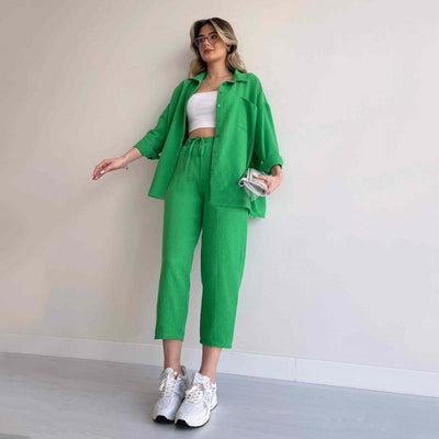 Women's Co-Ord Set - Oversized Button-Up Shirt & Wide-Leg Trousers - Relaxed Fit