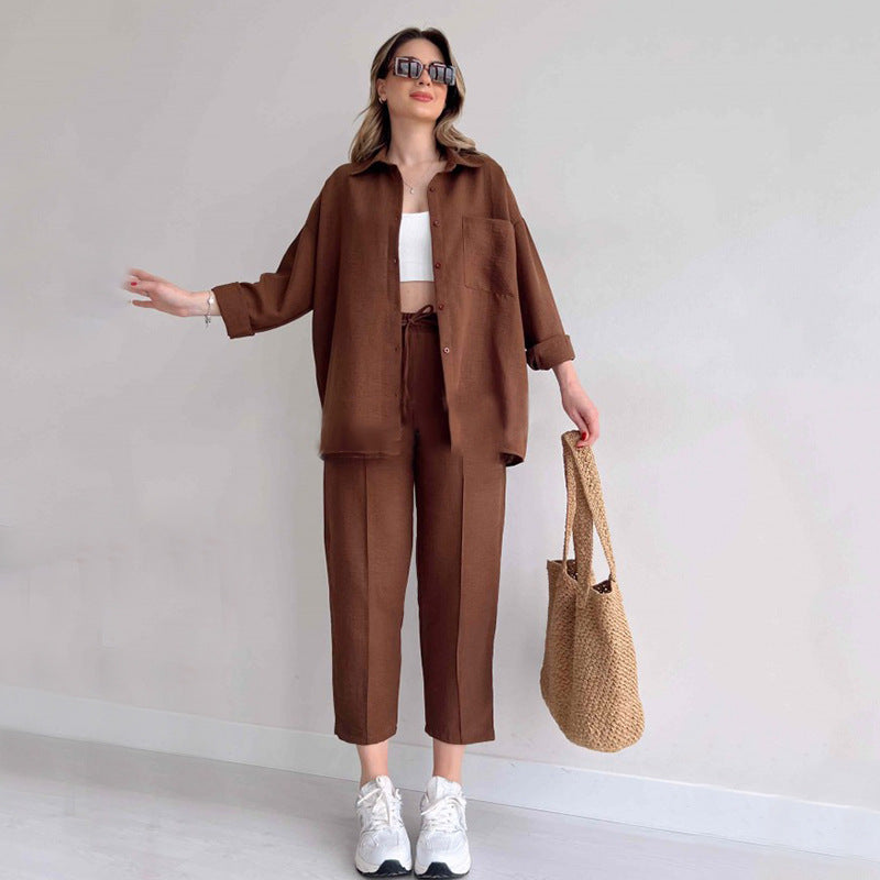 Women's Co-Ord Set - Oversized Button-Up Shirt & Wide-Leg Trousers - Relaxed Fit