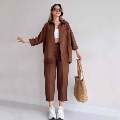 Women's Co-Ord Set - Oversized Button-Up Shirt & Wide-Leg Trousers - Relaxed Fit