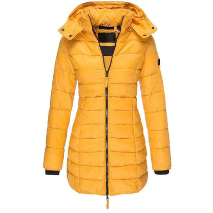 Womens long puffer jacket with hood and zipper closure