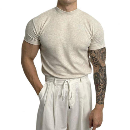 Men’s Fitted Ribbed Knit Top - Short Sleeve - Mock Neck - Breathable Stretch Fabric