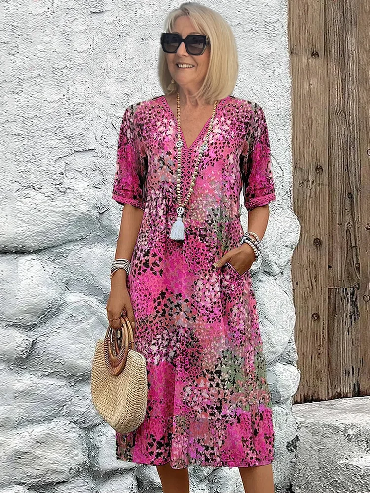 Women’s Midi Dress – Relaxed Fit – V-Neck – Elbow Sleeve – Breathable Blend – Casual Style