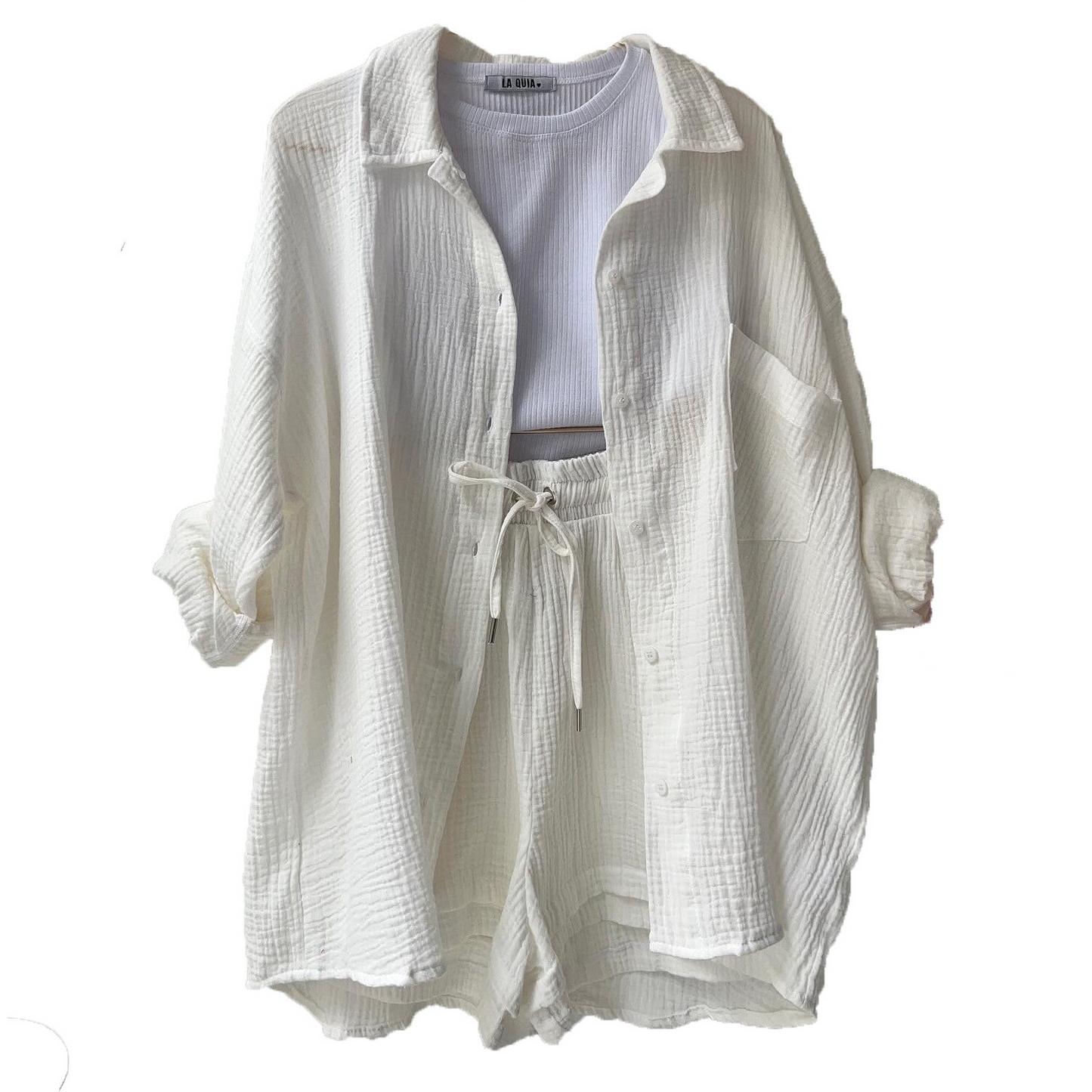 Women's Co-Ord Set - Oversized Button-Up Shirt & Drawstring Shorts - Relaxed Fit