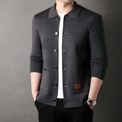 Men’s Cardigan – Slim Fit Knitwear – Classic Collar – Button Front – Ribbed Trim