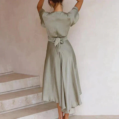 Women’s Midi Dress – Twisted Bust – Flutter Sleeves – High-Low Hem – Luxury Fabric