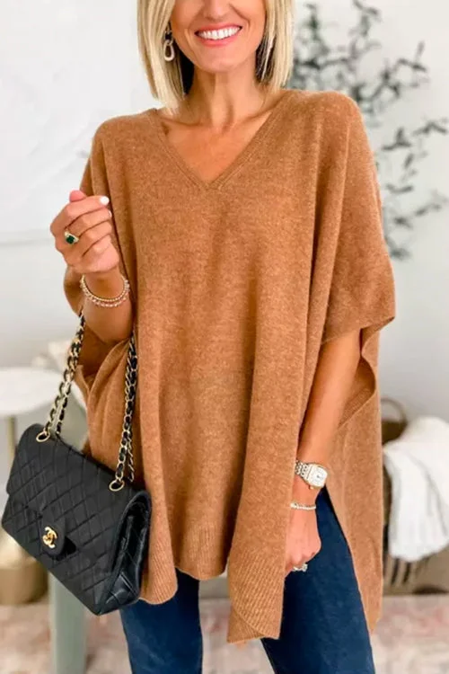 Women’s Poncho – Relaxed Fit – Soft Knit – V-Neck – Ribbed Hem – Casual Layering Piece