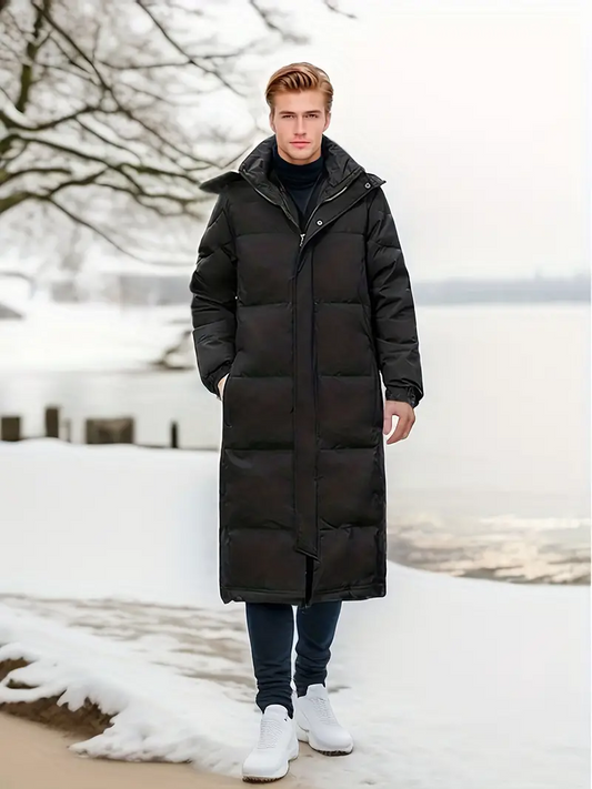 Men’s Puffer Coat – Relaxed Fit – Quilted Warmth – Long Length – Hooded Design