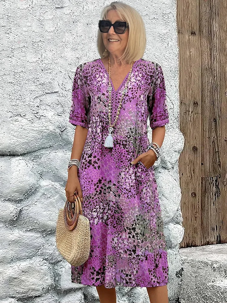 Women’s Midi Dress – Relaxed Fit – V-Neck – Elbow Sleeve – Breathable Blend – Casual Style
