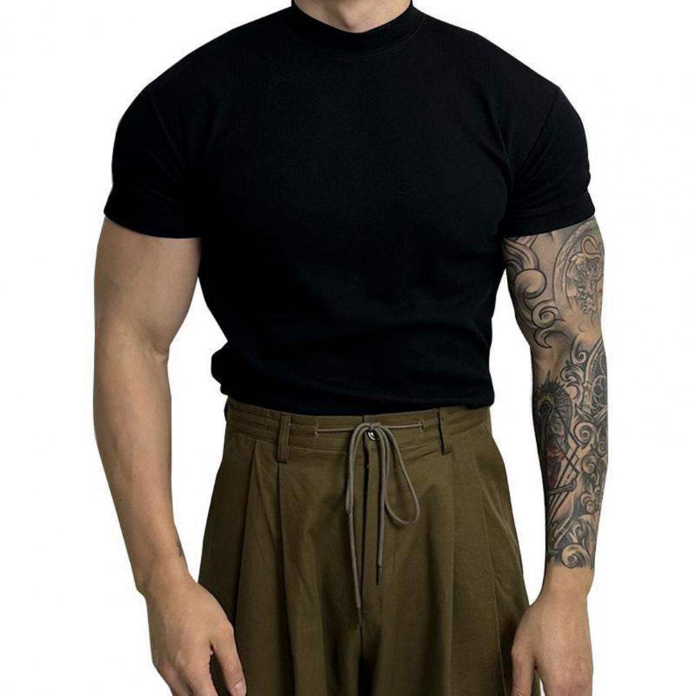 Men’s Fitted Ribbed Knit Top - Short Sleeve - Mock Neck - Breathable Stretch Fabric