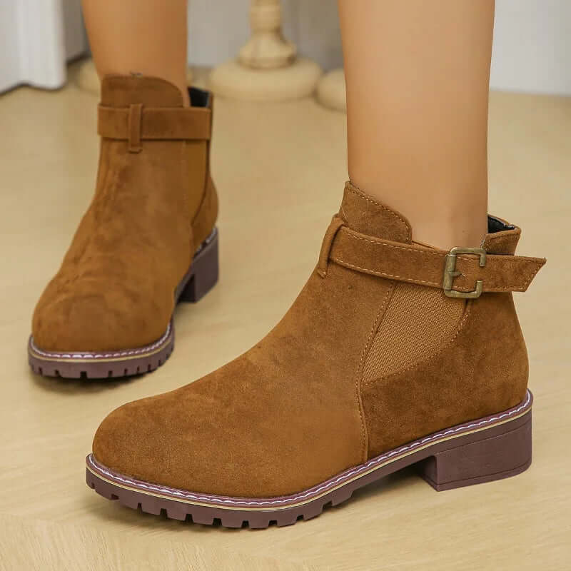 Women’s Ankle Boots – Suede Finish – Mid Heel – Buckle Strap – Slip-On Design