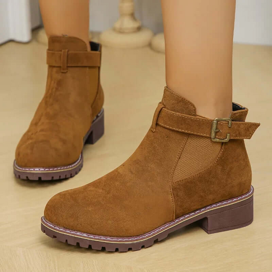 Women’s Ankle Boots – Suede Finish – Mid Heel – Buckle Strap – Slip-On Design