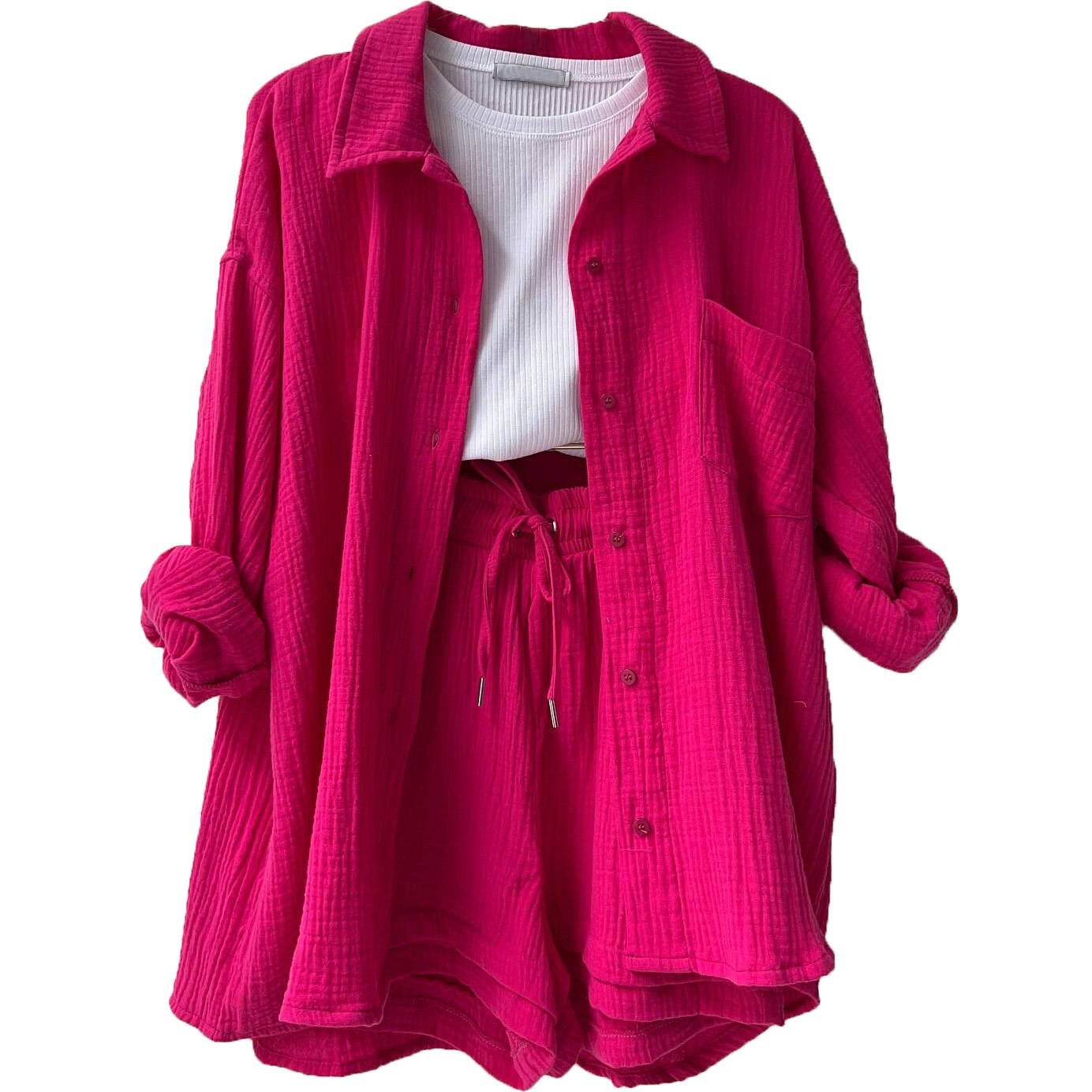 Women's Co-Ord Set - Oversized Button-Up Shirt & Drawstring Shorts - Relaxed Fit
