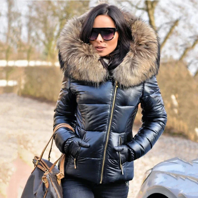 Women’s Puffer Jacket – Fitted Silhouette – Quilted Design – Faux Fur Hood – Zip Closure