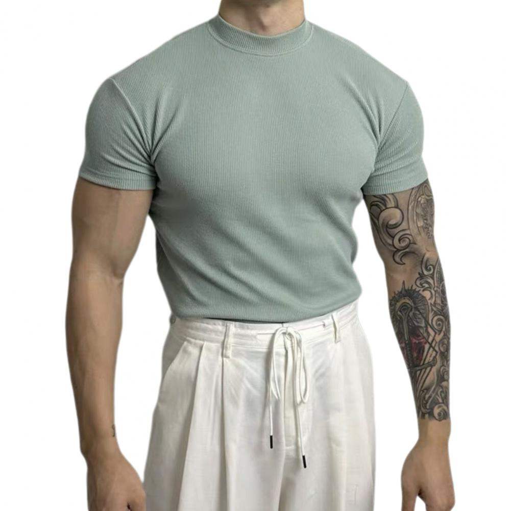 Men’s Fitted Ribbed Knit Top - Short Sleeve - Mock Neck - Breathable Stretch Fabric