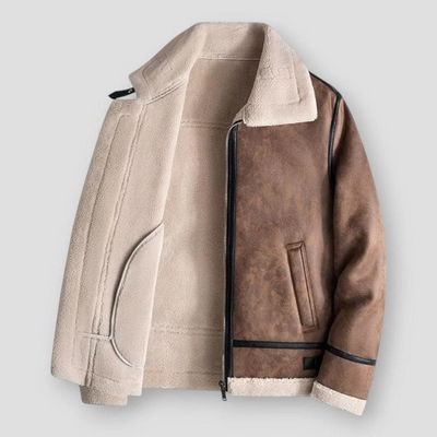 Men’s Jacket – Relaxed Fit – Shearling Trim – Leather Look – Hip Length – Zip Pockets