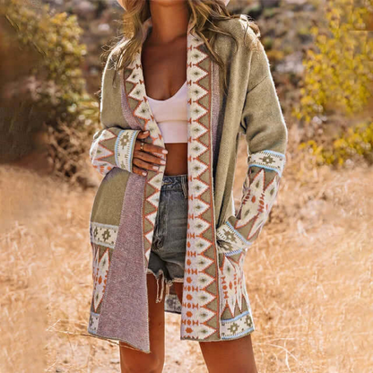 Women’s Long Cardigan – Relaxed Fit – Knit Texture – Open Front – Geometric Pattern – Patch Pockets