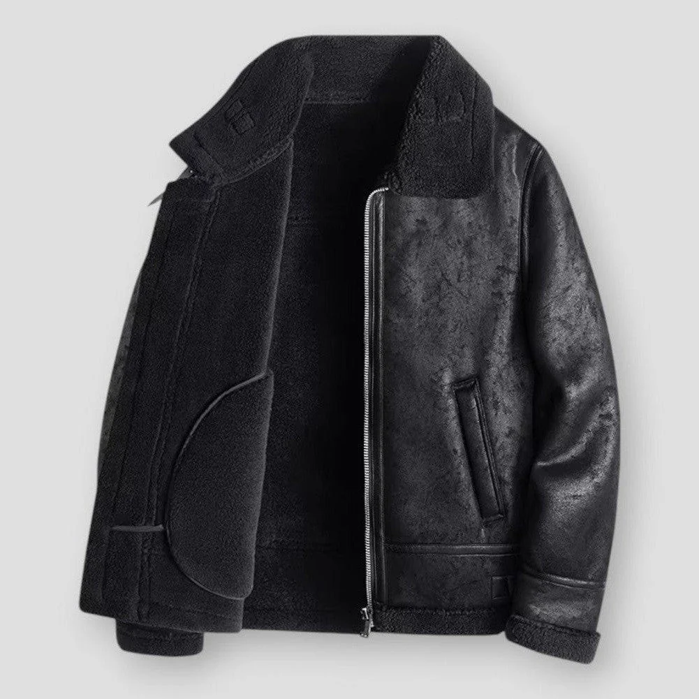 Men’s Jacket – Relaxed Fit – Shearling Trim – Leather Look – Hip Length – Zip Pockets
