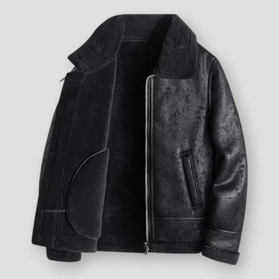 Men’s Jacket – Relaxed Fit – Shearling Trim – Leather Look – Hip Length – Zip Pockets