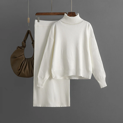 Women’s Knit Sweater and Skirt Set – Turtleneck – Relaxed Fit Top – Slim Skirt – Ribbed