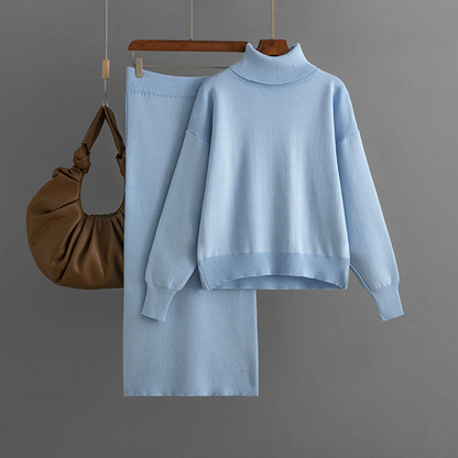 Women’s Knit Sweater and Skirt Set – Turtleneck – Relaxed Fit Top – Slim Skirt – Ribbed