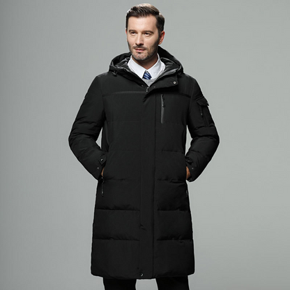 Men’s Long Jacket – Insulated Water-Resistant – Hood – Multiple Pockets